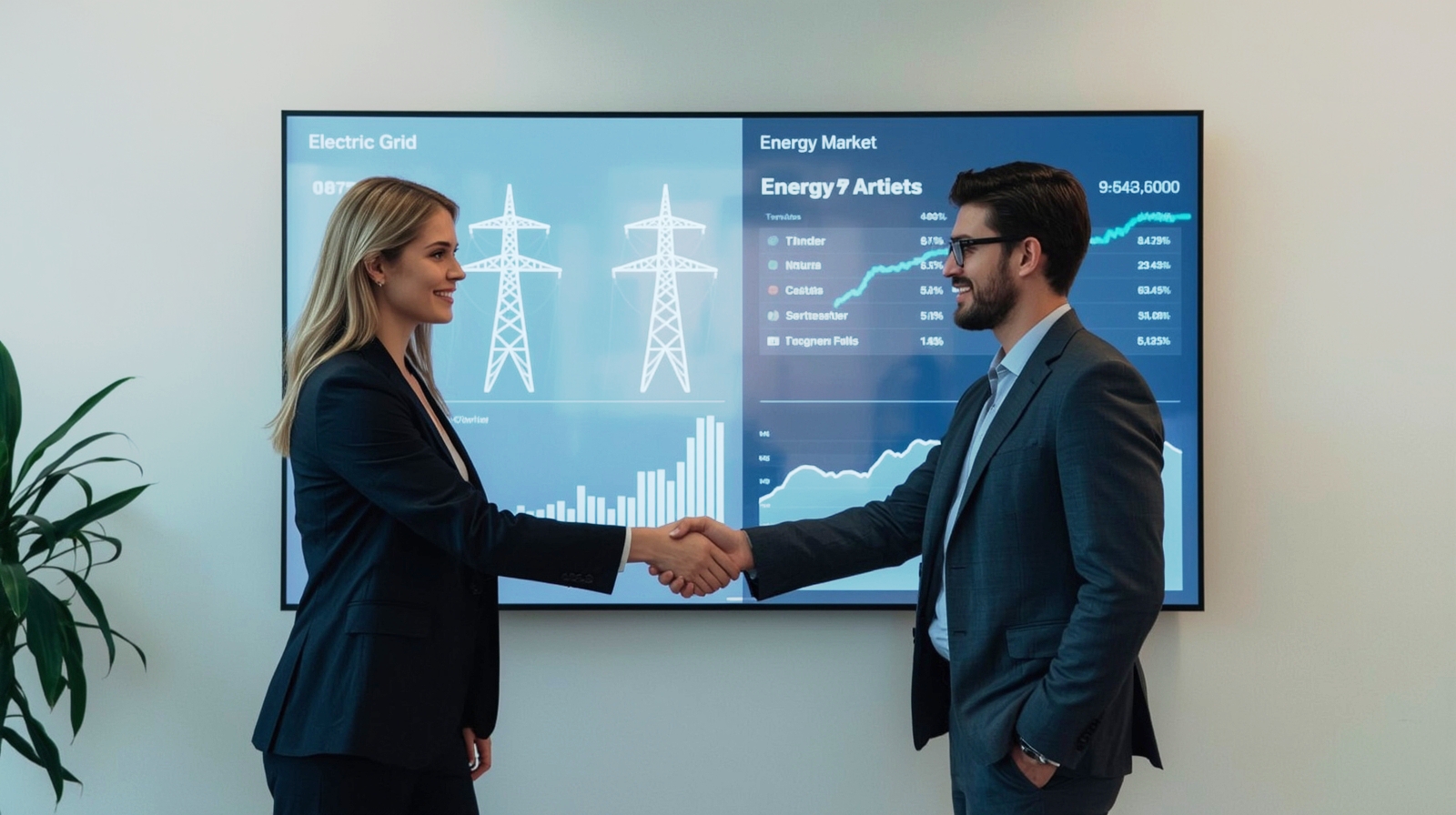 Executivos cumprimentando-se em um ambiente corporativo, simbolizando parceria e negociação no Mercado Livre de Energia. A imagem representa a relação direta entre cliente e comercializadora, destacando a atuação consultiva da Comexchange em parceria com a Auren Energia.