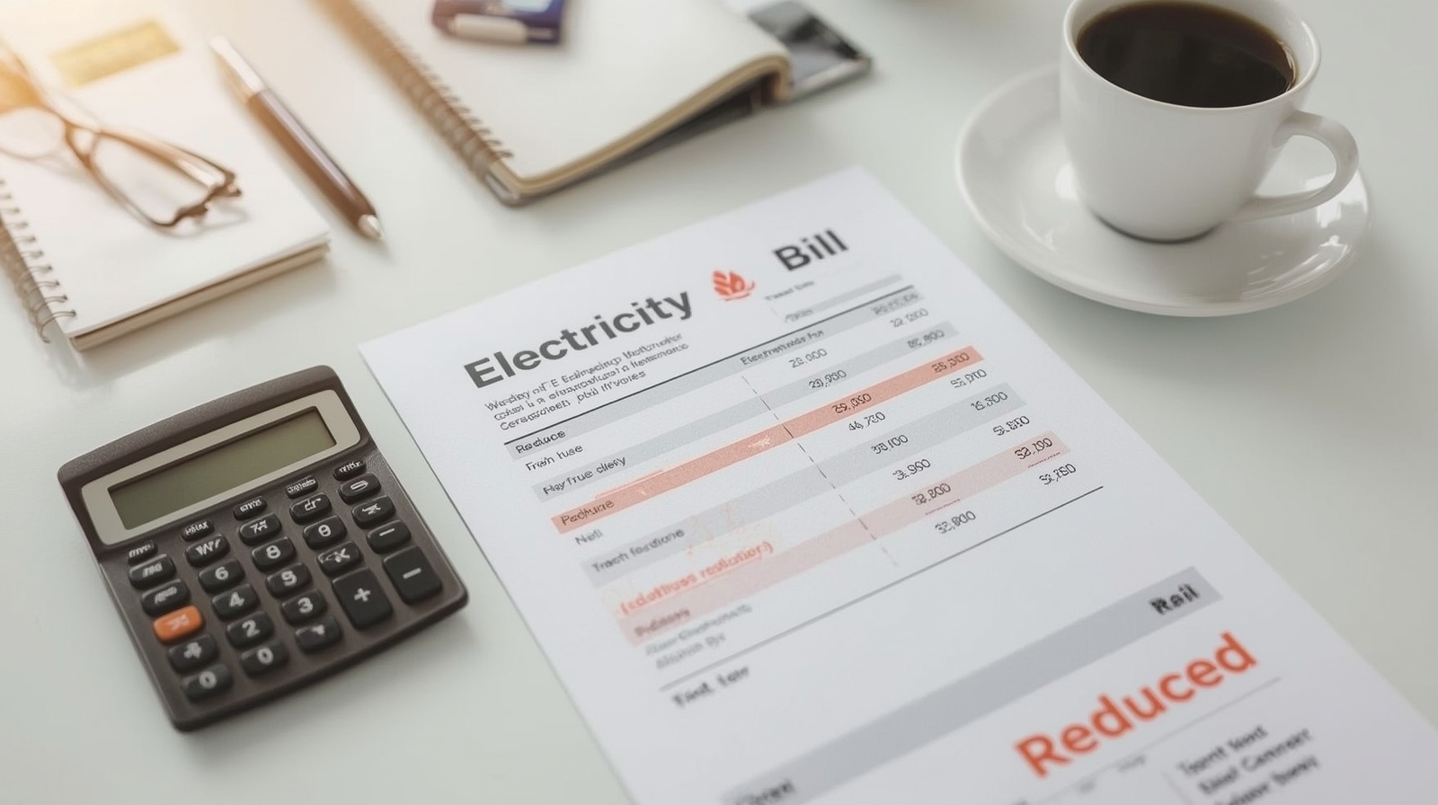 Conta de energia sobre uma mesa com calculadora, caneta e xícara de café, simbolizando o cálculo de economia no Mercado Livre de Energia. A imagem representa a redução de custos na fatura elétrica obtida por empresas que migram com a consultoria da Comexchange.