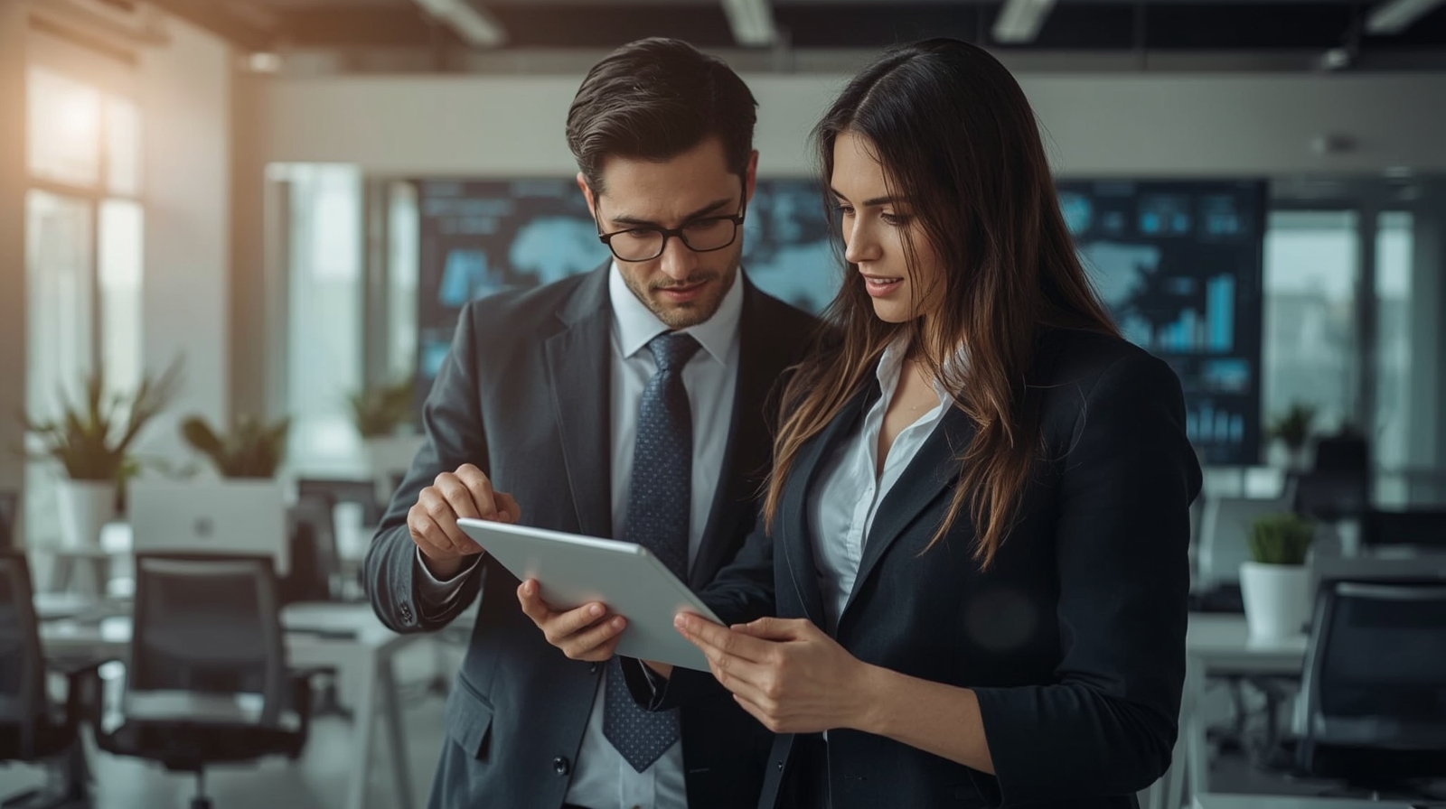 Dois consultores analisando dados em um tablet dentro de um escritório corporativo, representando a equipe técnica da Comexchange em parceria com a Auren Energia na avaliação personalizada das solicitações de migração para o Mercado Livre de Energia.