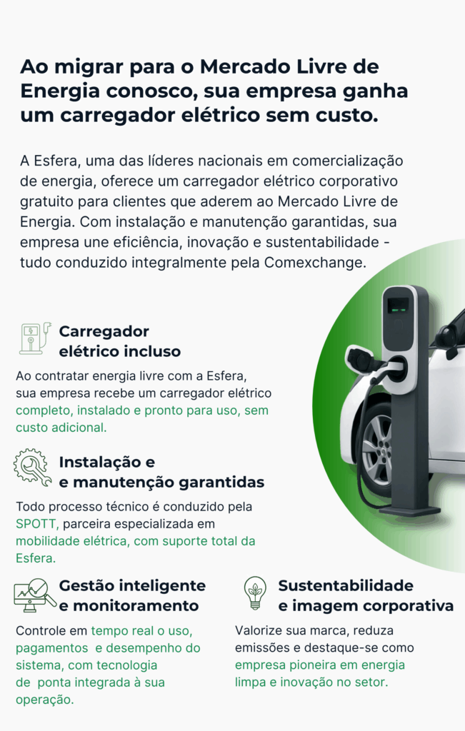 Seção promocional da Comexchange destacando que empresas que migram para o Mercado Livre de Energia com a Auren recebem um carregador elétrico gratuito. O layout mostra, à esquerda, o título e a chamada para ação ‘Solicitar minha análise gratuita’, e à direita, a imagem realista de um carro elétrico conectado a um carregador corporativo moderno — símbolo da parceria entre Comexchange e Auren Energia