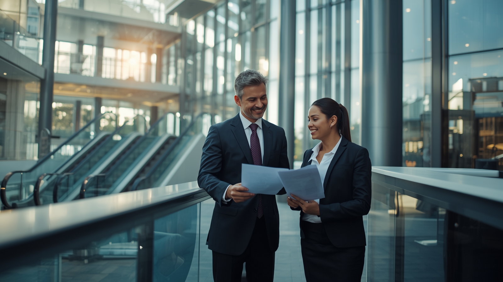 Executivos conversando em área moderna de shopping center, simbolizando empreendimentos com múltiplas unidades consumidoras que podem migrar para o Mercado Livre de Energia. A imagem representa o público-alvo de condomínios e shoppings atendidos pela Comexchange.