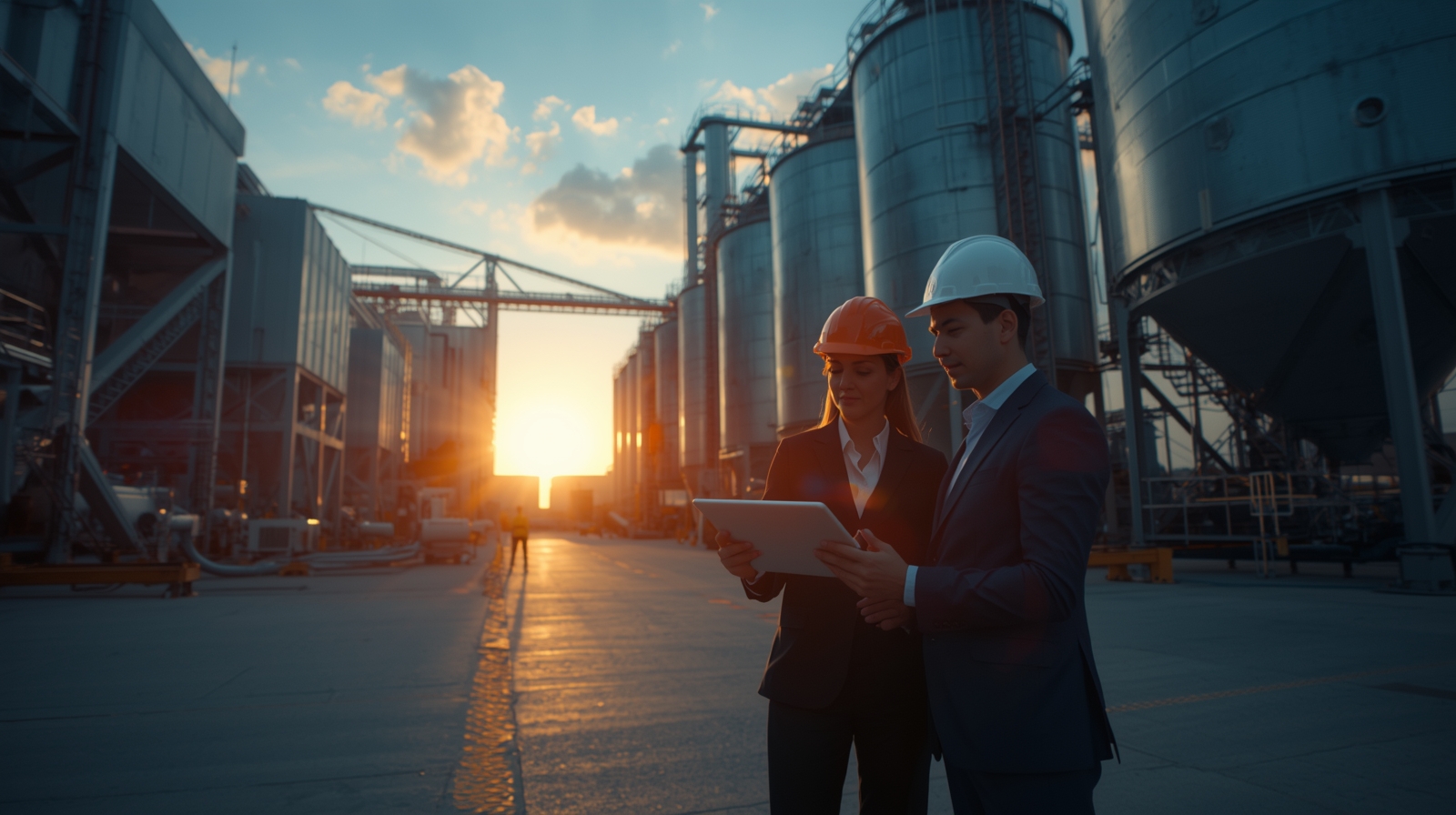 Gestores de uma indústria analisando relatórios de energia em área fabril moderna, representando empresas de alto consumo que podem migrar para o Mercado Livre de Energia com assessoria da Comexchange.