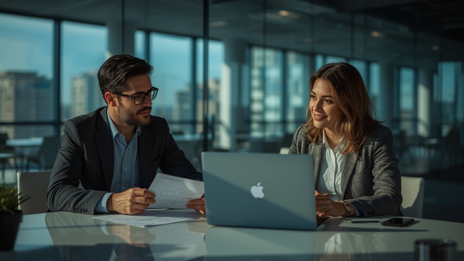Consultores da Comexchange em reunião corporativa analisando relatórios de consumo e discutindo a viabilidade de migração para o Mercado Livre de Energia, em ambiente moderno e iluminado.