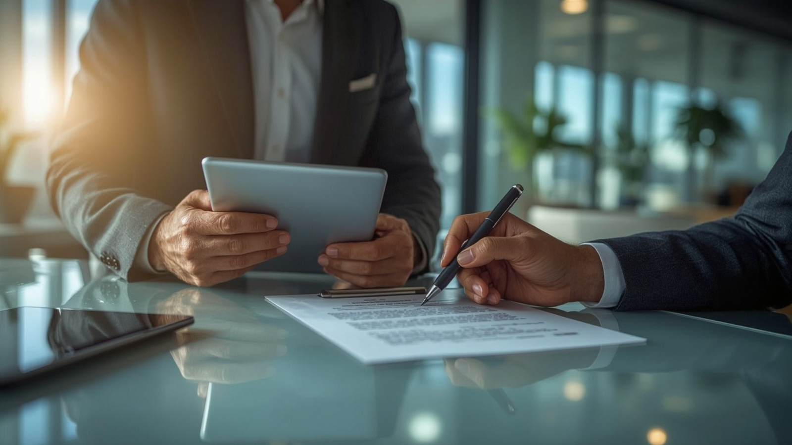 Empresários analisando documentos e assinando contrato digital sobre uma mesa de escritório, representando a etapa de fechamento da migração para o Mercado Livre de Energia conduzida pela Comexchange em parceria com a Auren Energia.