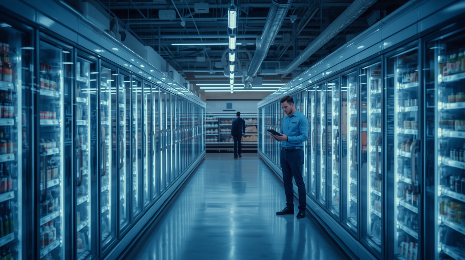 Gerente de supermercado avaliando sistema de refrigeração e iluminação eficiente, simbolizando empresas com operação contínua que economizam ao migrar para o Mercado Livre de Energia com a Comexchange.