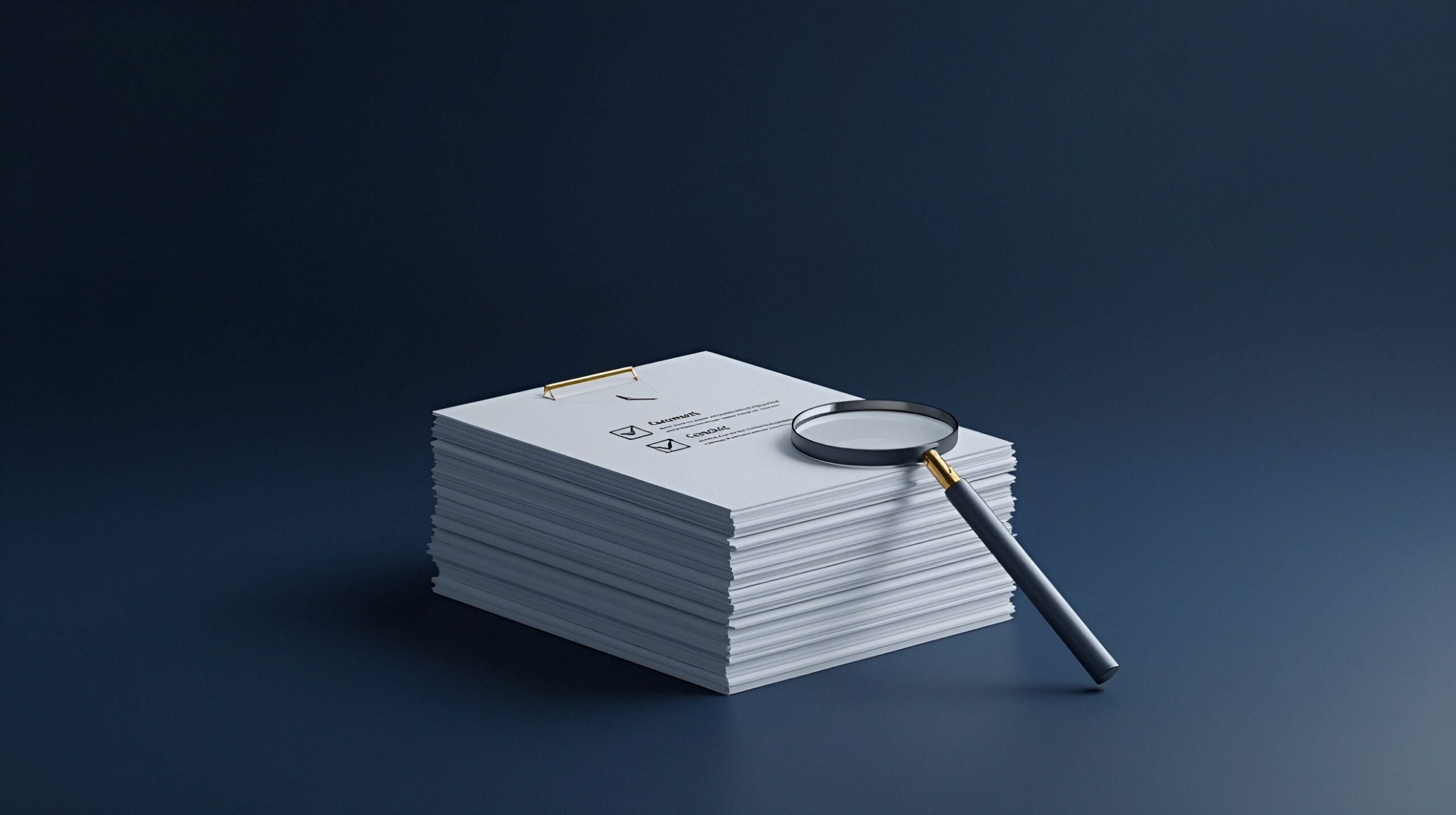 Pilha de documentos com checklist e lupa, indicando a conferência de conformidade documental e os critérios de execução na Carta de Crédito (DLC/SBLC).