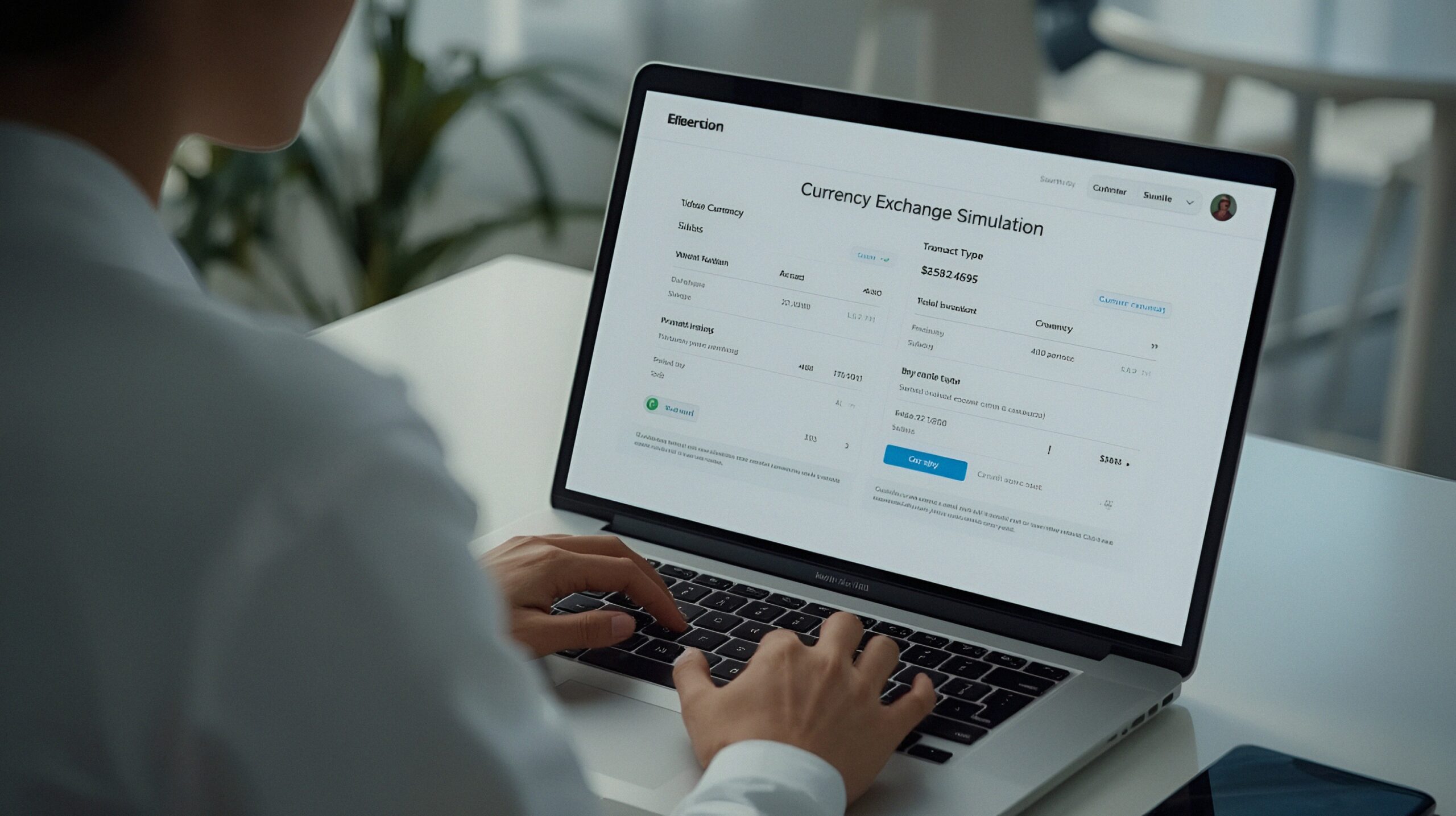 Profissional simulando remessas internacionais em plataforma digital para envio e recebimento de valores no exterior.