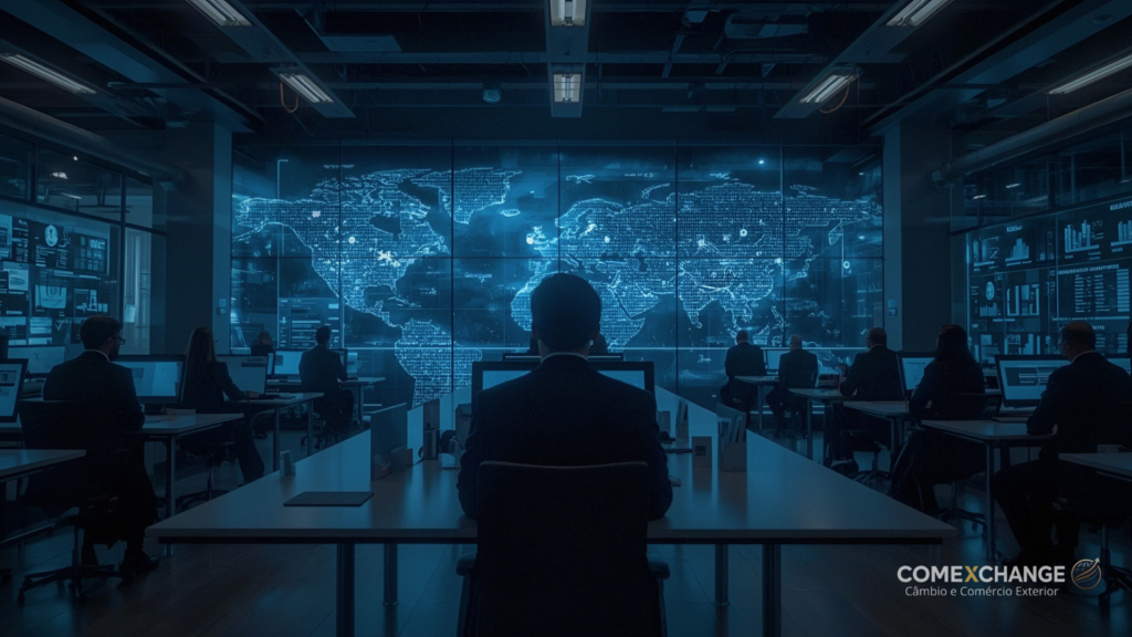 Imagem editorial de porto internacional com interface financeira digital ilustrando soluções globais em câmbio e mercado de câmbio corporativo.