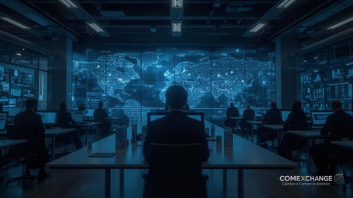 Imagem editorial de porto internacional com interface financeira digital ilustrando soluções globais em câmbio e mercado de câmbio corporativo.