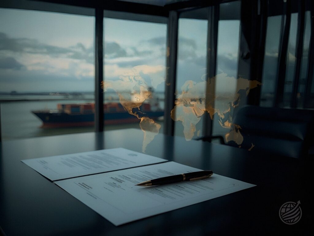 Ilustração representando a estrutura de trade finance no comércio exterior com integração entre logística internacional e instituições financeiras.