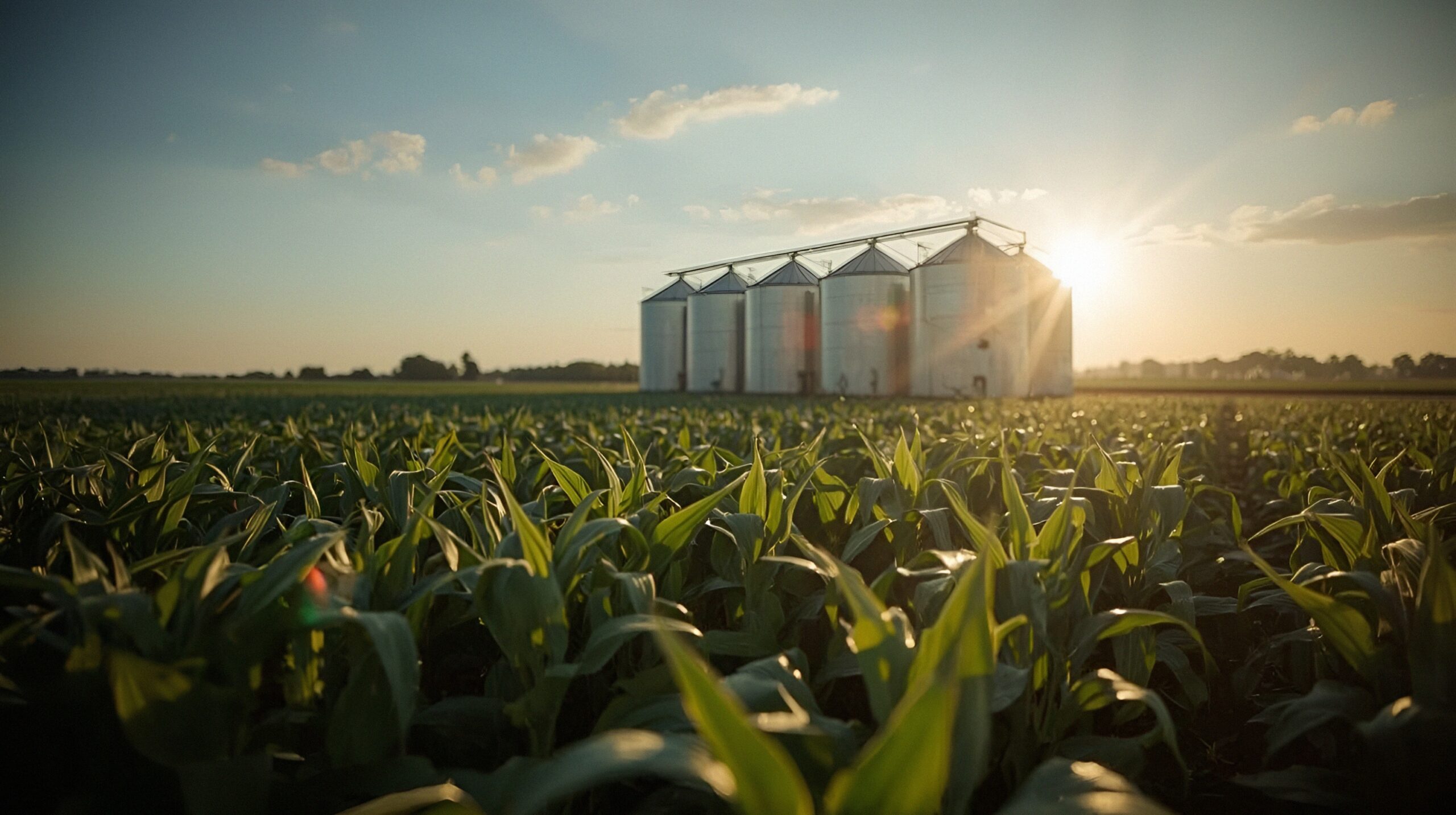 Armazém agrícola com silos e estoque de grãos representando financiamento agro com CDA para liquidez de estoque