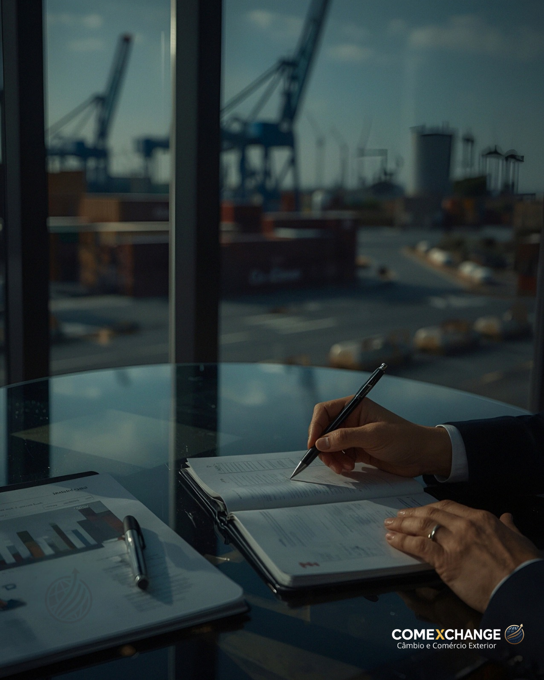 Hero institucional da Comexchange com mesa executiva, análise financeira, porto, contêineres, silos e infraestrutura de energia, representando consultoria em câmbio, comércio exterior, trade finance, crédito empresarial estruturado e mercado livre de energia.