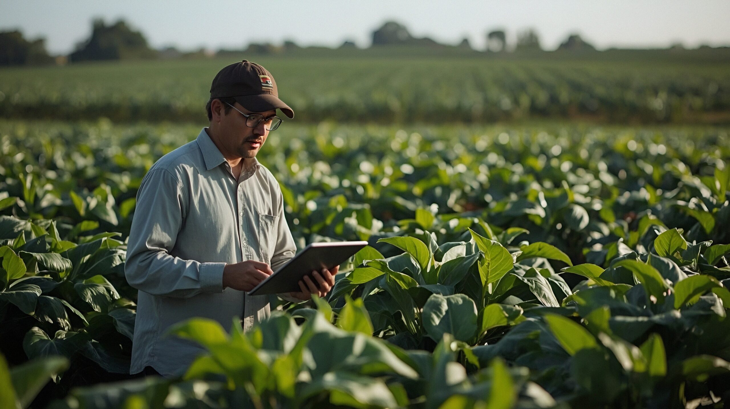 Produtor rural em lavoura de soja analisando operação de financiamento agro com foco no ciclo produtivo.