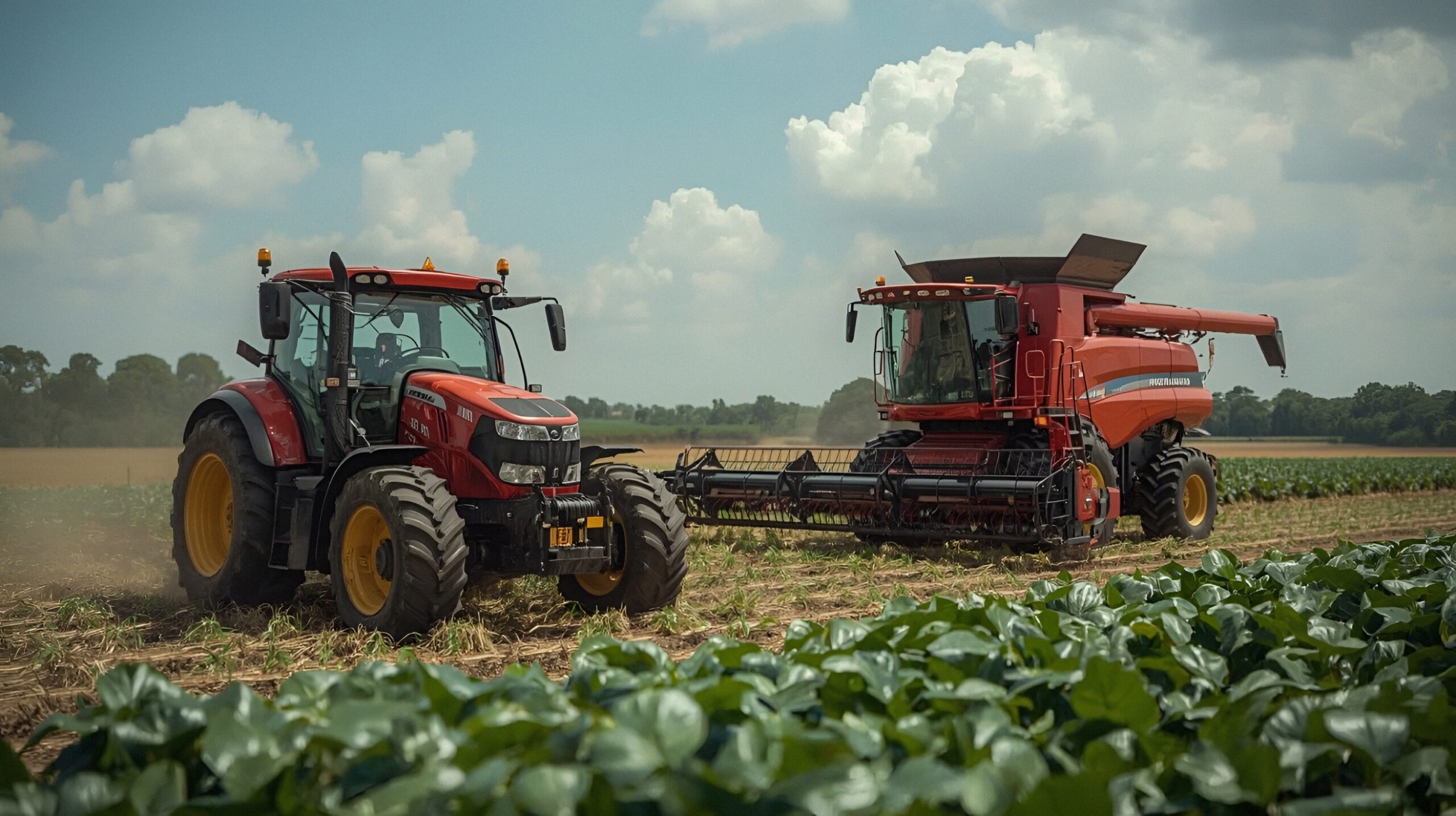 Trator e colheitadeira em ambiente rural representando financiamento agro para aquisição de máquinas e equipamentos por leasing e CDC