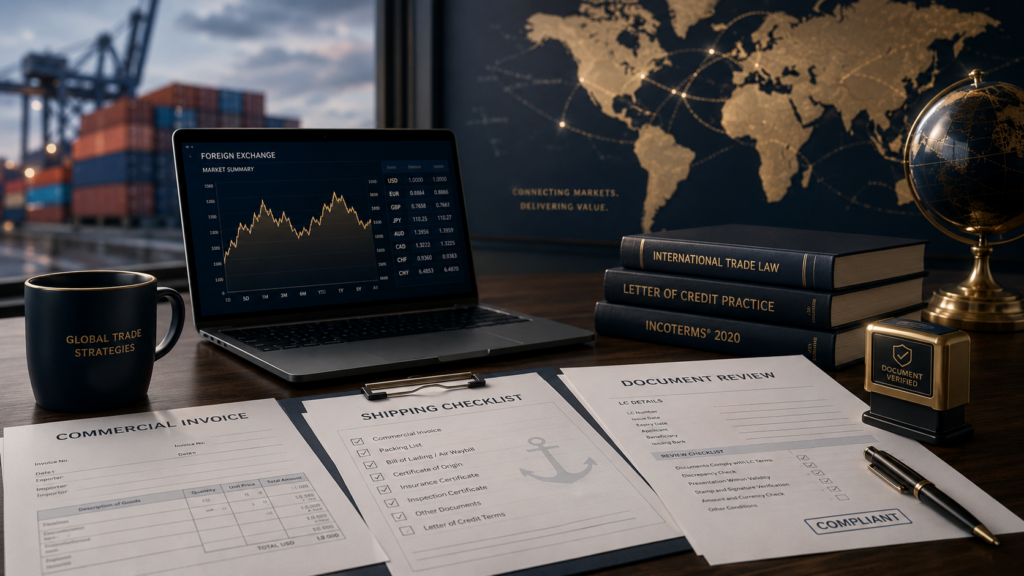 Imagem editorial corporativa sobre crédito documentário e carta de crédito no comércio exterior, com documentos de análise, checklist de embarque, laptop com gráfico cambial e elementos de comércio internacional, representando segurança documental em operações de importação e exportação.