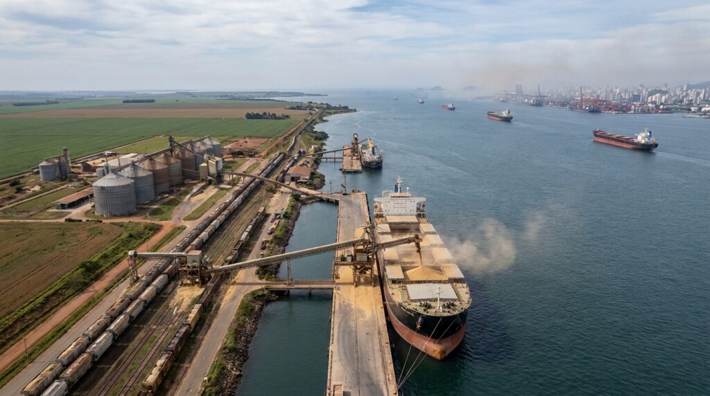 Ilustração editorial de terminal brasileiro exportando soja em grande escala para a China, enquanto outros navios chegam ao porto chinês por diferentes direções, representando concentração brasileira e diversificação de fornecedores