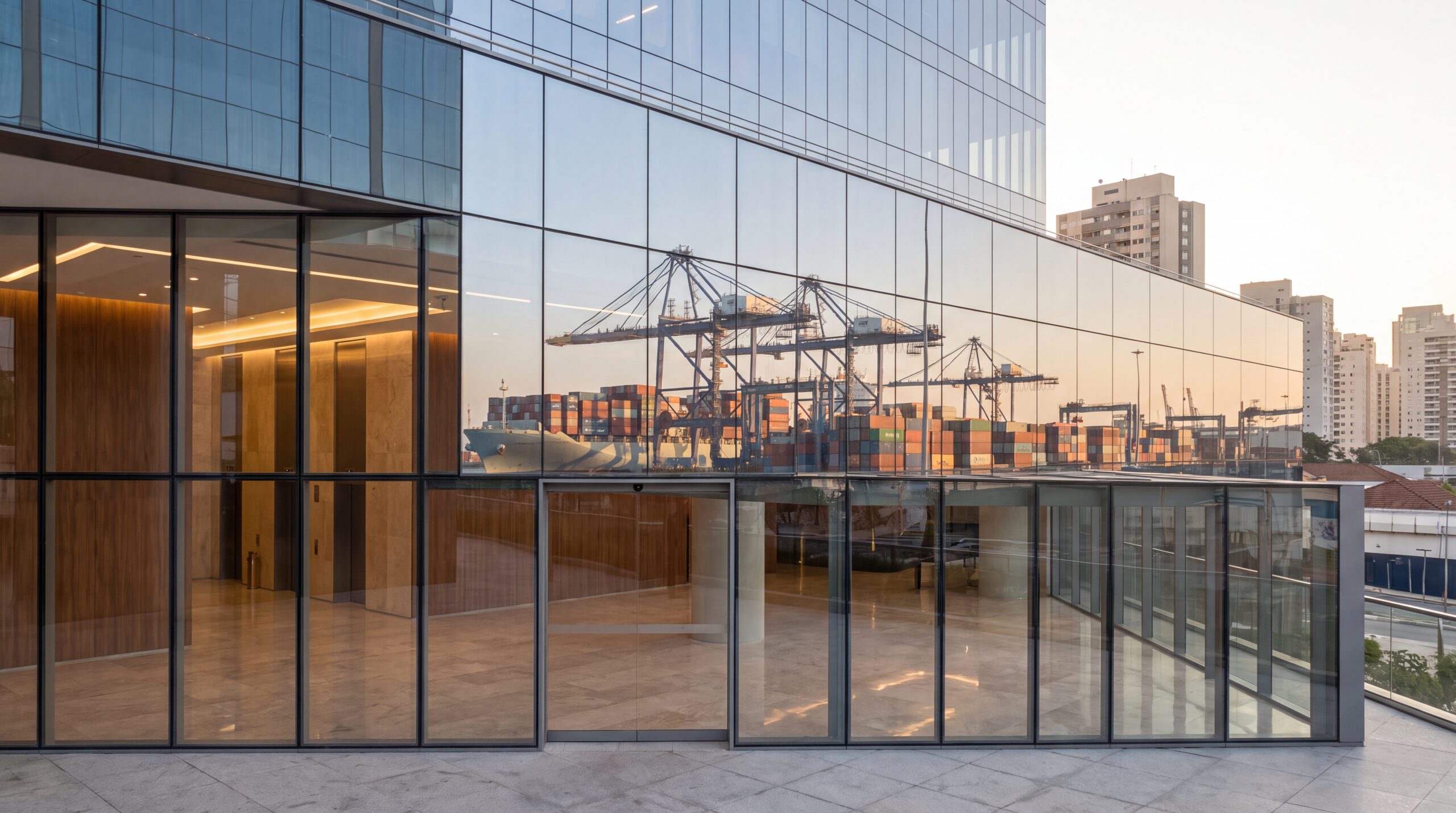 conta em moeda estrangeira no Brasil para exportadores, com edifício corporativo refletindo terminal portuário e navio de carga
