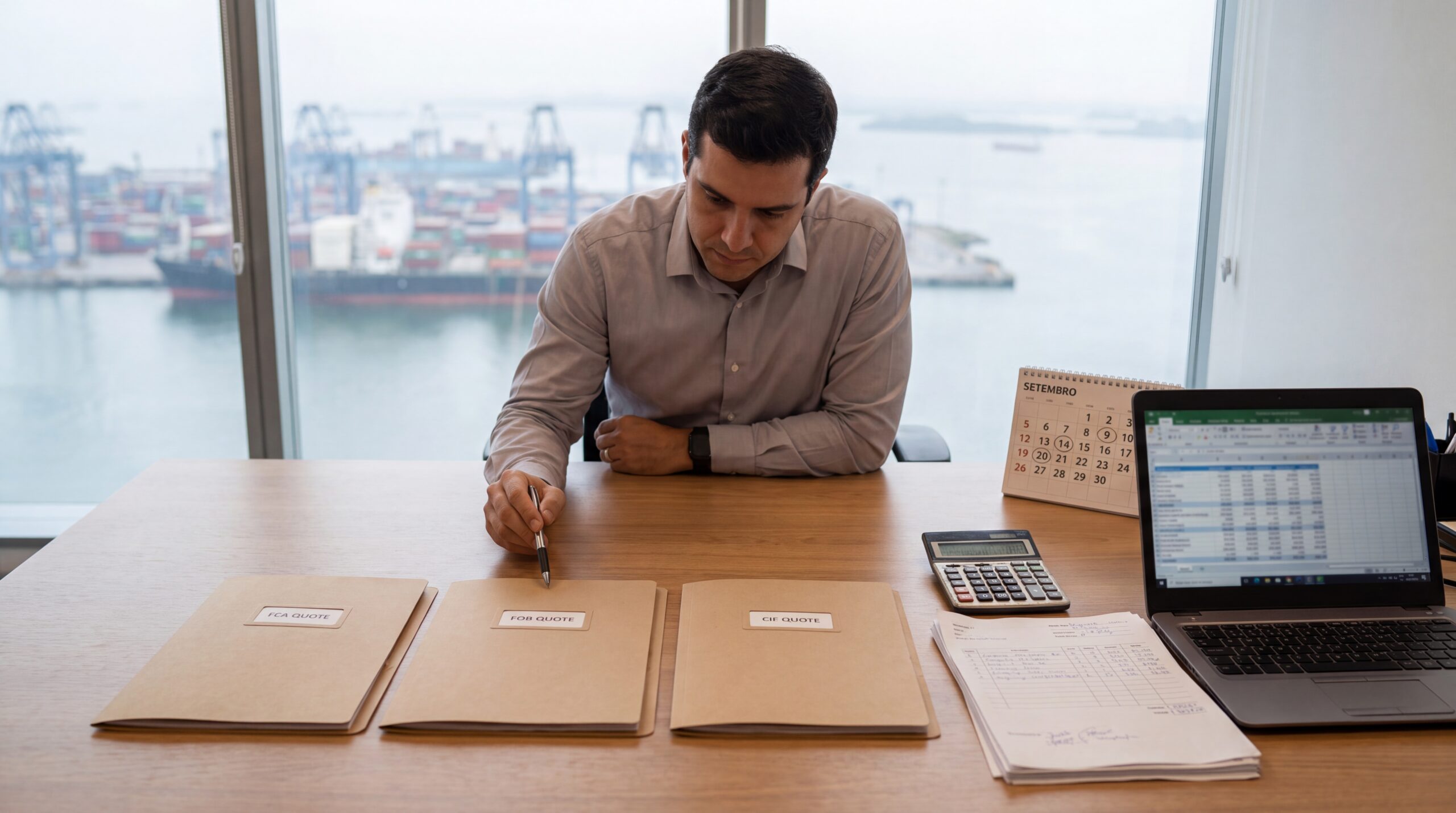 Profissional compara propostas internacionais em FCA, FOB e CIF considerando custos, transporte, risco e cronograma financeiro.