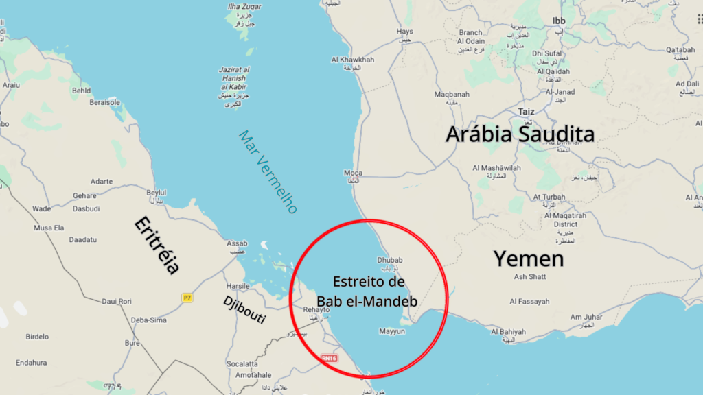 Mapa editorial de Bab el-Mandeb ligando o Golfo de Áden ao Mar Vermelho e ao Canal de Suez, com a rota alternativa mais longa pelo Cabo da Boa Esperança.