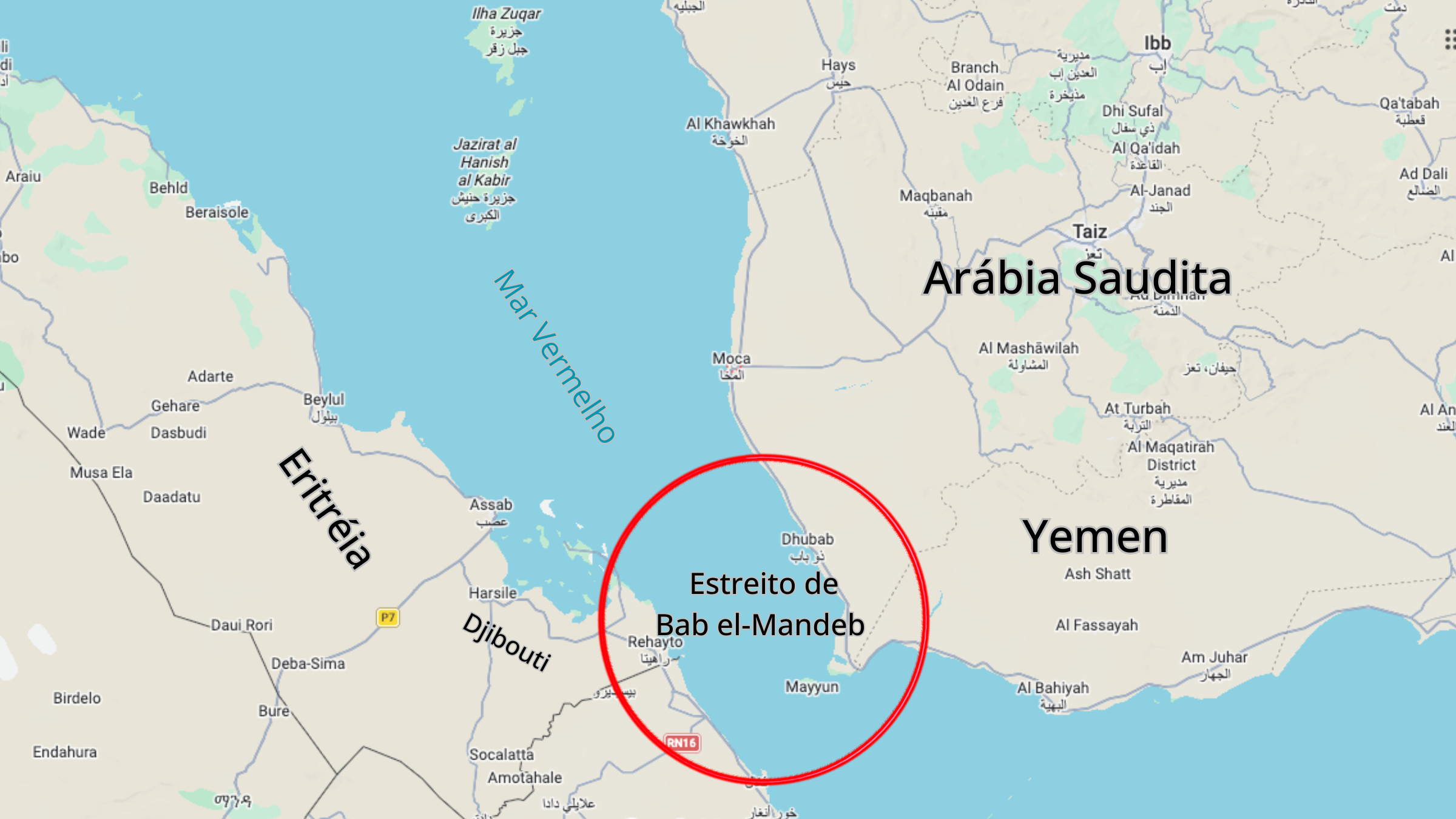 Mapa editorial de Bab el-Mandeb ligando o Golfo de Áden ao Mar Vermelho e ao Canal de Suez, com a rota alternativa mais longa pelo Cabo da Boa Esperança.