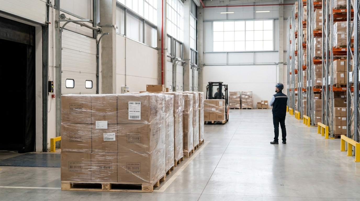 FINIMP na importação: mercadorias recém-chegadas em centro de distribuição ilustram o intervalo entre o pagamento ao fornecedor e a geração de caixa