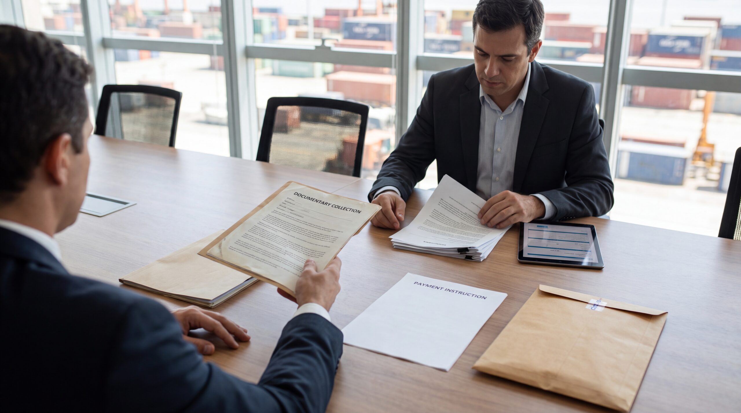 Representantes de comprador e vendedor analisam documentos de embarque e pagamento em uma negociação internacional.
