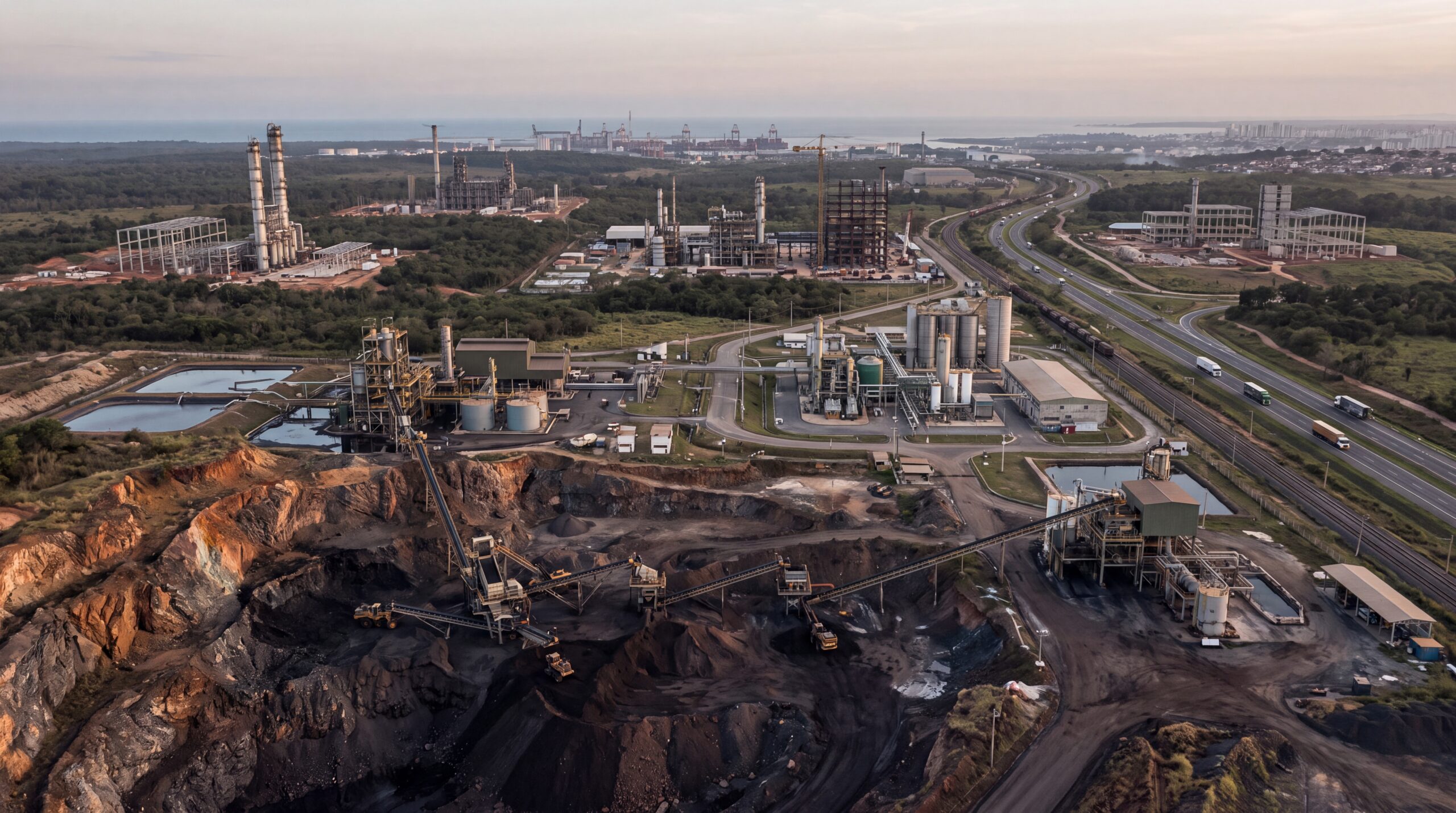Ilustração editorial de uma operação brasileira de terras raras conectada a uma cadeia industrial ainda incompleta, com mineração no primeiro plano e etapas mais avançadas de processamento e manufatura ao fundo.