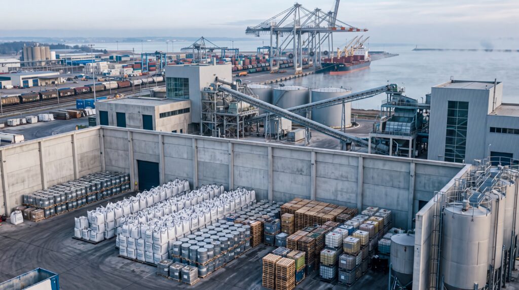 Armazém industrial europeu com estoques de minerais críticos, infraestrutura de processamento e elementos logísticos ligados à cadeia de fornecimento.