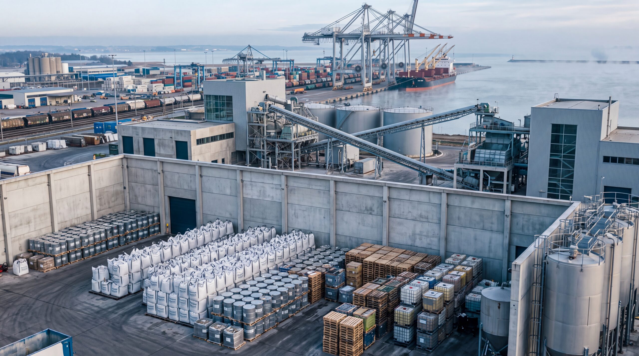Armazém industrial europeu com estoques de minerais críticos, infraestrutura de processamento e elementos logísticos ligados à cadeia de fornecimento.